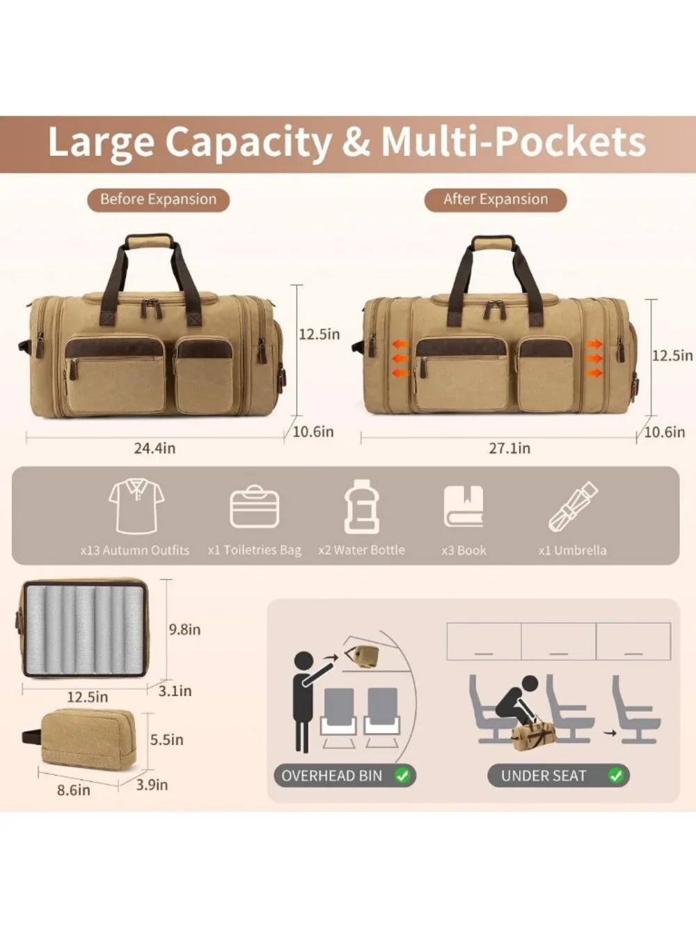 Spacious 60L Canvas Duffle Bag for Travel, Expandable Overnight Weekender Bag